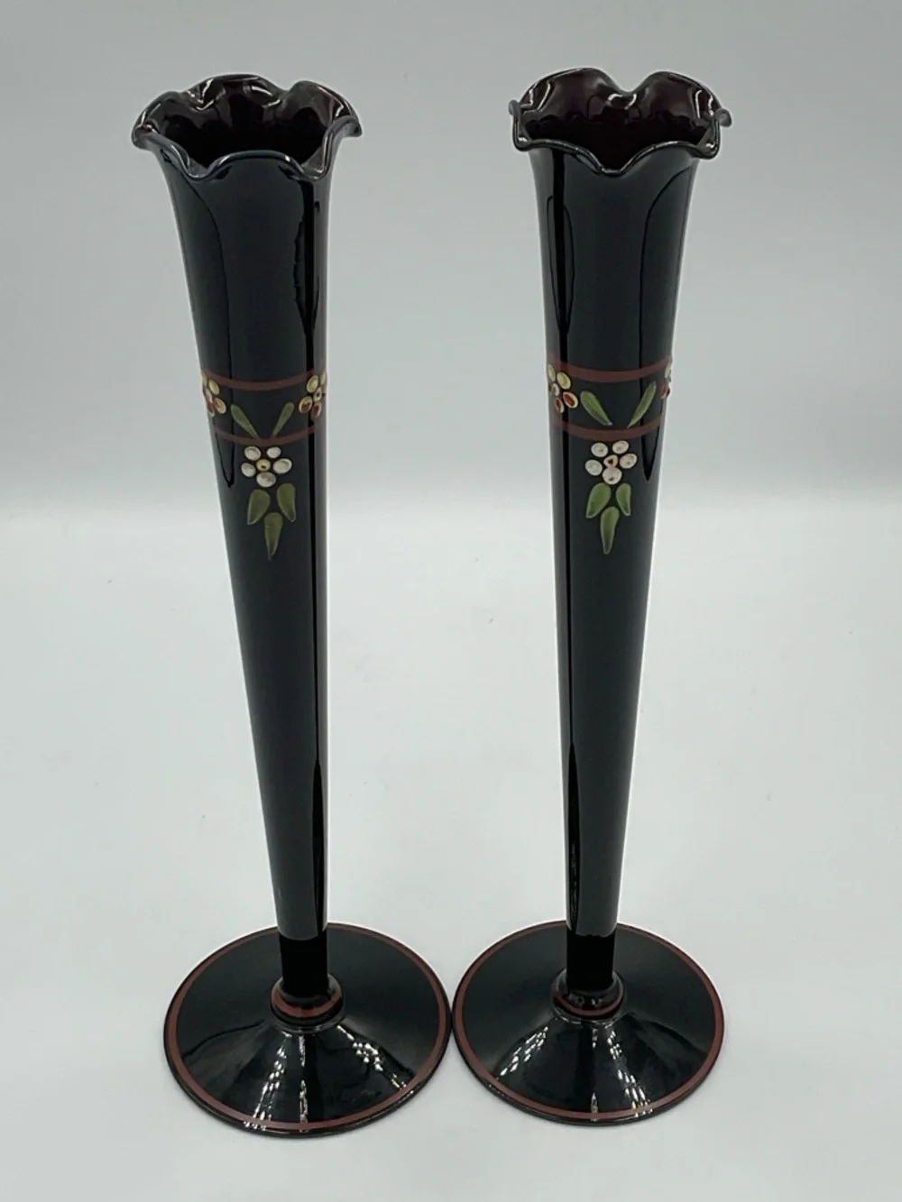 Antique Pair of Maryland Glass Black Amethyst Glass Art Deco Vase Hand Painted
